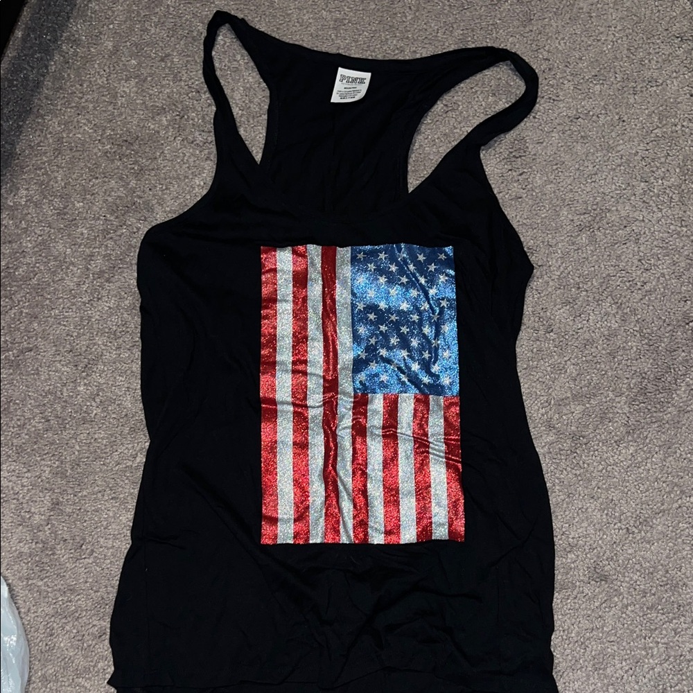 PINK Victoria's Secret Glitter Black Tank Top with American Flag